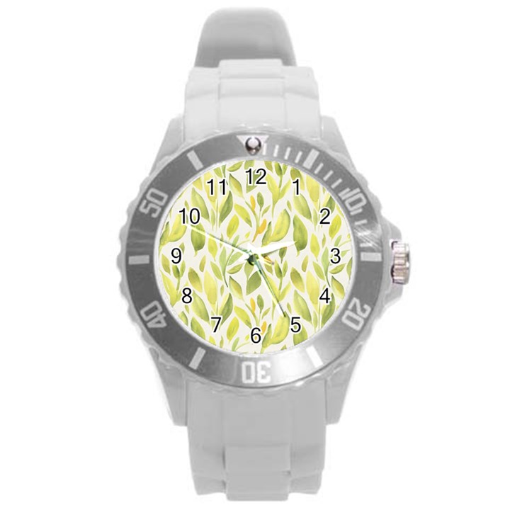 Green Leaves Nature Patter Round Plastic Sport Watch (L)