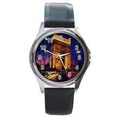 Paris Cityscapes Lights Multicolor France Round Metal Watch by Sapixe