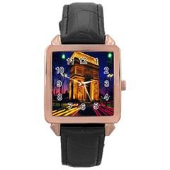 Paris Cityscapes Lights Multicolor France Rose Gold Leather Watch  by Sapixe