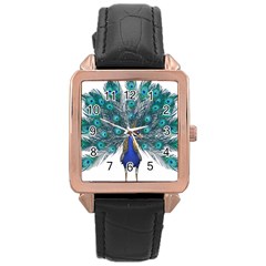 Peacock Bird Peacock Feathers Rose Gold Leather Watch  by Sapixe