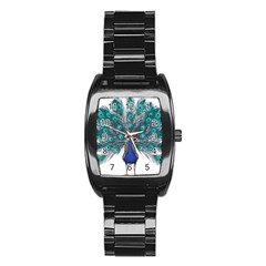 Peacock Bird Peacock Feathers Stainless Steel Barrel Watch by Sapixe