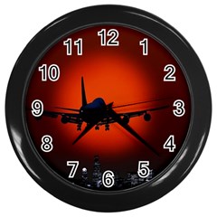 Red Sun Jet Flying Over The City Art Wall Clocks (black) by Sapixe