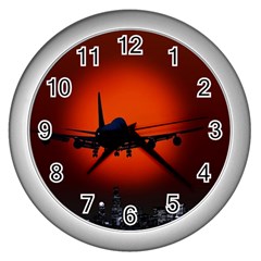 Red Sun Jet Flying Over The City Art Wall Clocks (silver)  by Sapixe