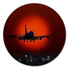 Red Sun Jet Flying Over The City Art Magnet 5  (round) by Sapixe