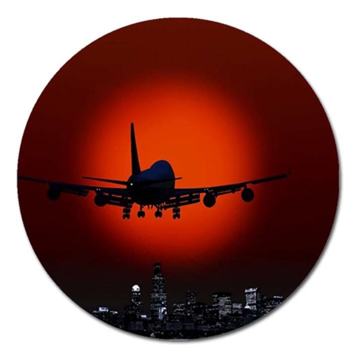 Red Sun Jet Flying Over The City Art Magnet 5  (Round)