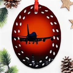 Red Sun Jet Flying Over The City Art Oval Filigree Ornament (two Sides) by Sapixe