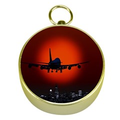 Red Sun Jet Flying Over The City Art Gold Compasses by Sapixe