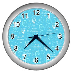 Santa Christmas Collage Blue Background Wall Clocks (silver)  by Sapixe