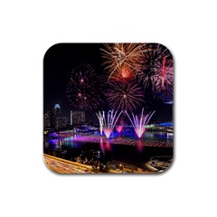 Singapore The Happy New Year Hotel Celebration Laser Light Fireworks Marina Bay Rubber Square Coaster (4 Pack)  by Sapixe