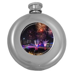 Singapore The Happy New Year Hotel Celebration Laser Light Fireworks Marina Bay Round Hip Flask (5 Oz) by Sapixe