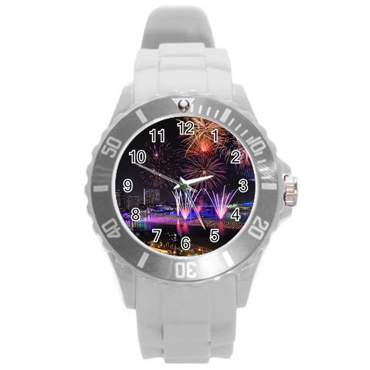 Singapore The Happy New Year Hotel Celebration Laser Light Fireworks Marina Bay Round Plastic Sport Watch (L)