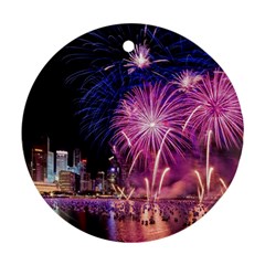 Singapore New Years Eve Holiday Fireworks City At Night Round Ornament (Two Sides)