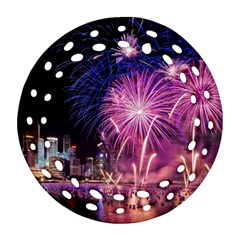 Singapore New Years Eve Holiday Fireworks City At Night Ornament (round Filigree) by Sapixe