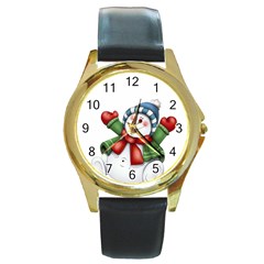 Snowman With Scarf Round Gold Metal Watch by Sapixe