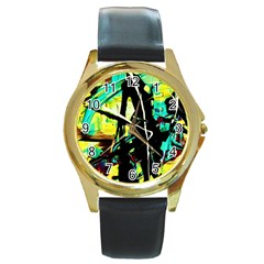 Dance Of Oil Towers 5 Round Gold Metal Watch by bestdesignintheworld