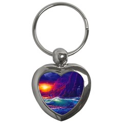 Sunset Orange Sky Dark Cloud Sea Waves Of The Sea, Rocky Mountains Art Key Chains (heart)  by Sapixe