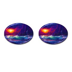 Sunset Orange Sky Dark Cloud Sea Waves Of The Sea, Rocky Mountains Art Cufflinks (oval) by Sapixe