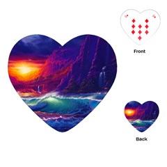 Sunset Orange Sky Dark Cloud Sea Waves Of The Sea, Rocky Mountains Art Playing Cards (heart) 