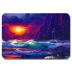 Sunset Orange Sky Dark Cloud Sea Waves Of The Sea, Rocky Mountains Art Large Doormat  by Sapixe