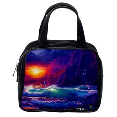 Sunset Orange Sky Dark Cloud Sea Waves Of The Sea, Rocky Mountains Art Classic Handbags (one Side) by Sapixe