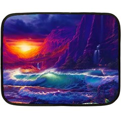 Sunset Orange Sky Dark Cloud Sea Waves Of The Sea, Rocky Mountains Art Fleece Blanket (mini) by Sapixe