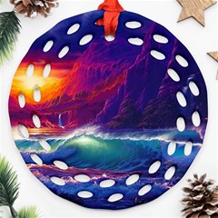 Sunset Orange Sky Dark Cloud Sea Waves Of The Sea, Rocky Mountains Art Round Filigree Ornament (two Sides) by Sapixe