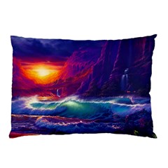 Sunset Orange Sky Dark Cloud Sea Waves Of The Sea, Rocky Mountains Art Pillow Case (two Sides) by Sapixe