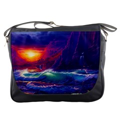 Sunset Orange Sky Dark Cloud Sea Waves Of The Sea, Rocky Mountains Art Messenger Bags by Sapixe