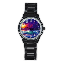 Sunset Orange Sky Dark Cloud Sea Waves Of The Sea, Rocky Mountains Art Stainless Steel Round Watch