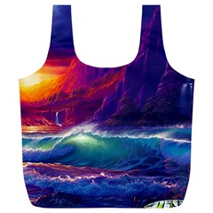 Sunset Orange Sky Dark Cloud Sea Waves Of The Sea, Rocky Mountains Art Full Print Recycle Bags (l)  by Sapixe