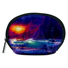 Sunset Orange Sky Dark Cloud Sea Waves Of The Sea, Rocky Mountains Art Accessory Pouches (medium)  by Sapixe