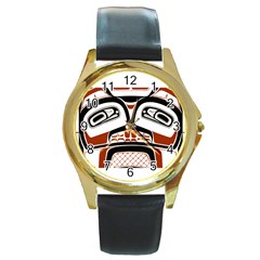 Traditional Northwest Coast Native Art Round Gold Metal Watch by Sapixe