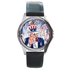 United States Of America Celebration Of Independence Day Uncle Sam Round Metal Watch by Sapixe