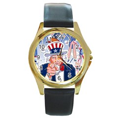 United States Of America Celebration Of Independence Day Uncle Sam Round Gold Metal Watch by Sapixe