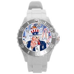 United States Of America Celebration Of Independence Day Uncle Sam Round Plastic Sport Watch (l) by Sapixe