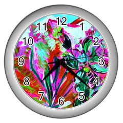 Desrt Blooming With Red Cactuses Wall Clocks (silver)  by bestdesignintheworld