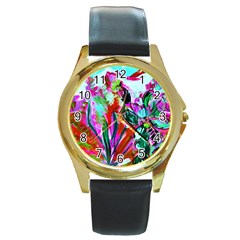 Desrt Blooming With Red Cactuses Round Gold Metal Watch by bestdesignintheworld