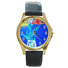 Dscf1451 - Birds If Paradise In A Cristal Vase Round Gold Metal Watch by bestdesignintheworld