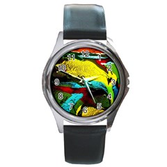 Yellow Dolphins   Blue Lagoon 3 Round Metal Watch by bestdesignintheworld