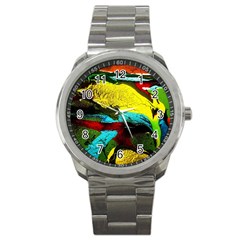 Yellow Dolphins   Blue Lagoon 3 Sport Metal Watch by bestdesignintheworld