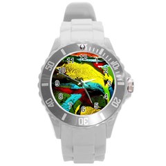 Yellow Dolphins   Blue Lagoon 3 Round Plastic Sport Watch (l) by bestdesignintheworld