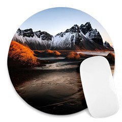 Vestrahorn Iceland Winter Sunrise Landscape Sea Coast Sandy Beach Sea Mountain Peaks With Snow Blue Round Mousepads by Sapixe