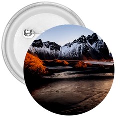 Vestrahorn Iceland Winter Sunrise Landscape Sea Coast Sandy Beach Sea Mountain Peaks With Snow Blue 3  Buttons by Sapixe