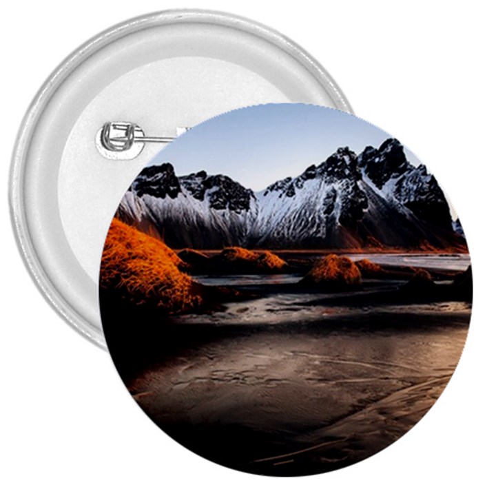 Vestrahorn Iceland Winter Sunrise Landscape Sea Coast Sandy Beach Sea Mountain Peaks With Snow Blue 3  Buttons