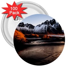 Vestrahorn Iceland Winter Sunrise Landscape Sea Coast Sandy Beach Sea Mountain Peaks With Snow Blue 3  Buttons (100 Pack)  by Sapixe