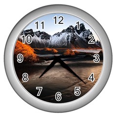 Vestrahorn Iceland Winter Sunrise Landscape Sea Coast Sandy Beach Sea Mountain Peaks With Snow Blue Wall Clocks (silver)  by Sapixe