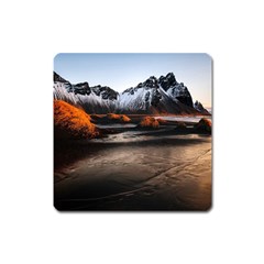 Vestrahorn Iceland Winter Sunrise Landscape Sea Coast Sandy Beach Sea Mountain Peaks With Snow Blue Square Magnet by Sapixe