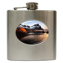 Vestrahorn Iceland Winter Sunrise Landscape Sea Coast Sandy Beach Sea Mountain Peaks With Snow Blue Hip Flask (6 Oz) by Sapixe