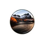 Vestrahorn Iceland Winter Sunrise Landscape Sea Coast Sandy Beach Sea Mountain Peaks With Snow Blue Hat Clip Ball Marker Front