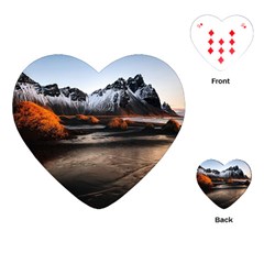 Vestrahorn Iceland Winter Sunrise Landscape Sea Coast Sandy Beach Sea Mountain Peaks With Snow Blue Playing Cards (heart)  by Sapixe